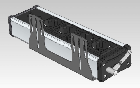 A metal bracket to fasten one NETIO 4 or NETIO 4All device to a vertical bar in a rack frame